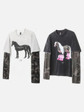 DAXUEN washed black oversized distressed camouflage layered long-sleeve tee