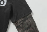 DAXUEN washed black oversized distressed camouflage layered long-sleeve tee