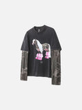 DAXUEN washed black oversized distressed camouflage layered long-sleeve tee