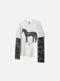DAXUEN washed black oversized distressed camouflage layered long-sleeve tee