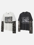 DAXUEN washed black oversized distressed camouflage layered long-sleeve tee