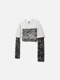 DAXUEN washed black oversized distressed camouflage layered long-sleeve tee