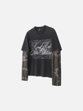DAXUEN washed black oversized distressed camouflage layered long-sleeve tee