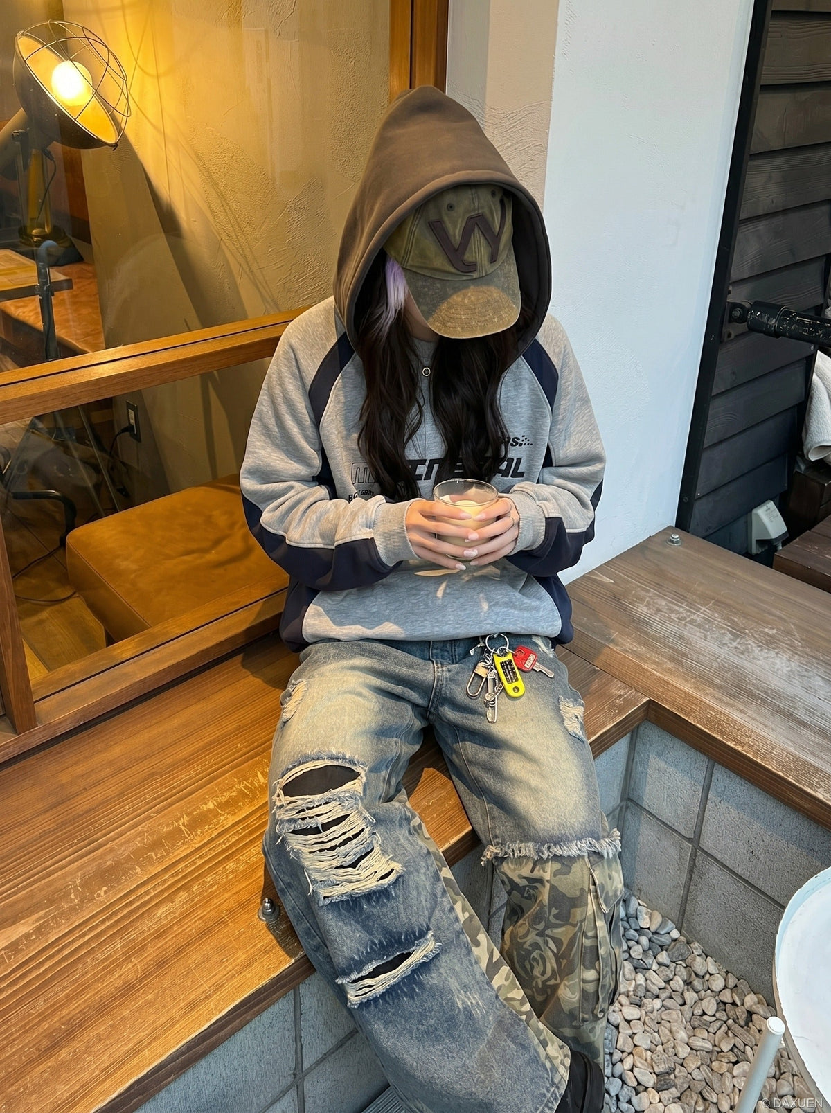 DAXUEN washed blue denim distressed patchwork wide-leg jeans — model photo