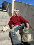 DAXUEN washed blue denim distressed patchwork wide-leg jeans — model photo
