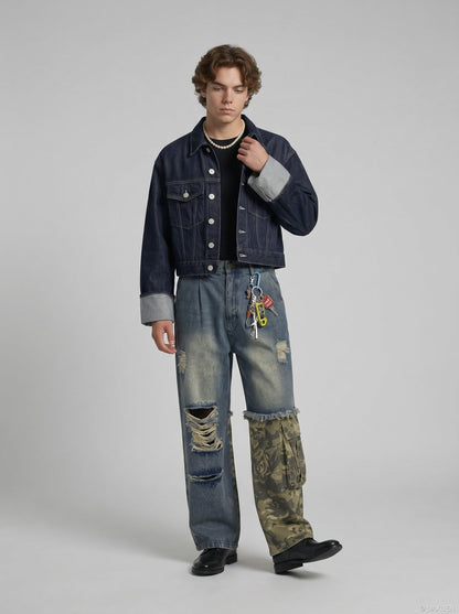 DAXUEN washed blue denim distressed patchwork wide-leg jeans — model photo