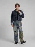 DAXUEN washed blue denim distressed patchwork wide-leg jeans — model photo