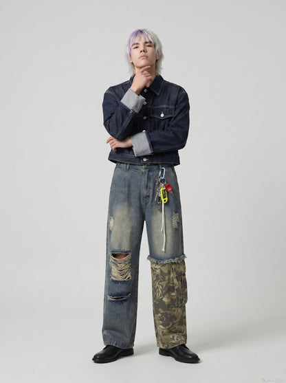 DAXUEN washed blue denim distressed patchwork wide-leg jeans — model photo