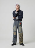 DAXUEN washed blue denim distressed patchwork wide-leg jeans — model photo
