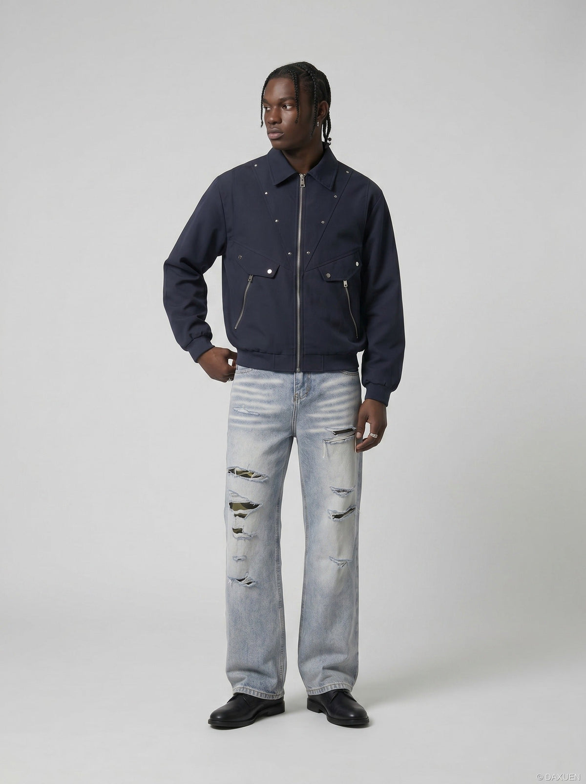 DAXUEN Distressed wide-leg jeans with camouflage pattern — model photo
