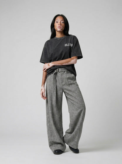 DAXUEN Distressed charcoal grey graphic t-shirt with gothic prints — model photo