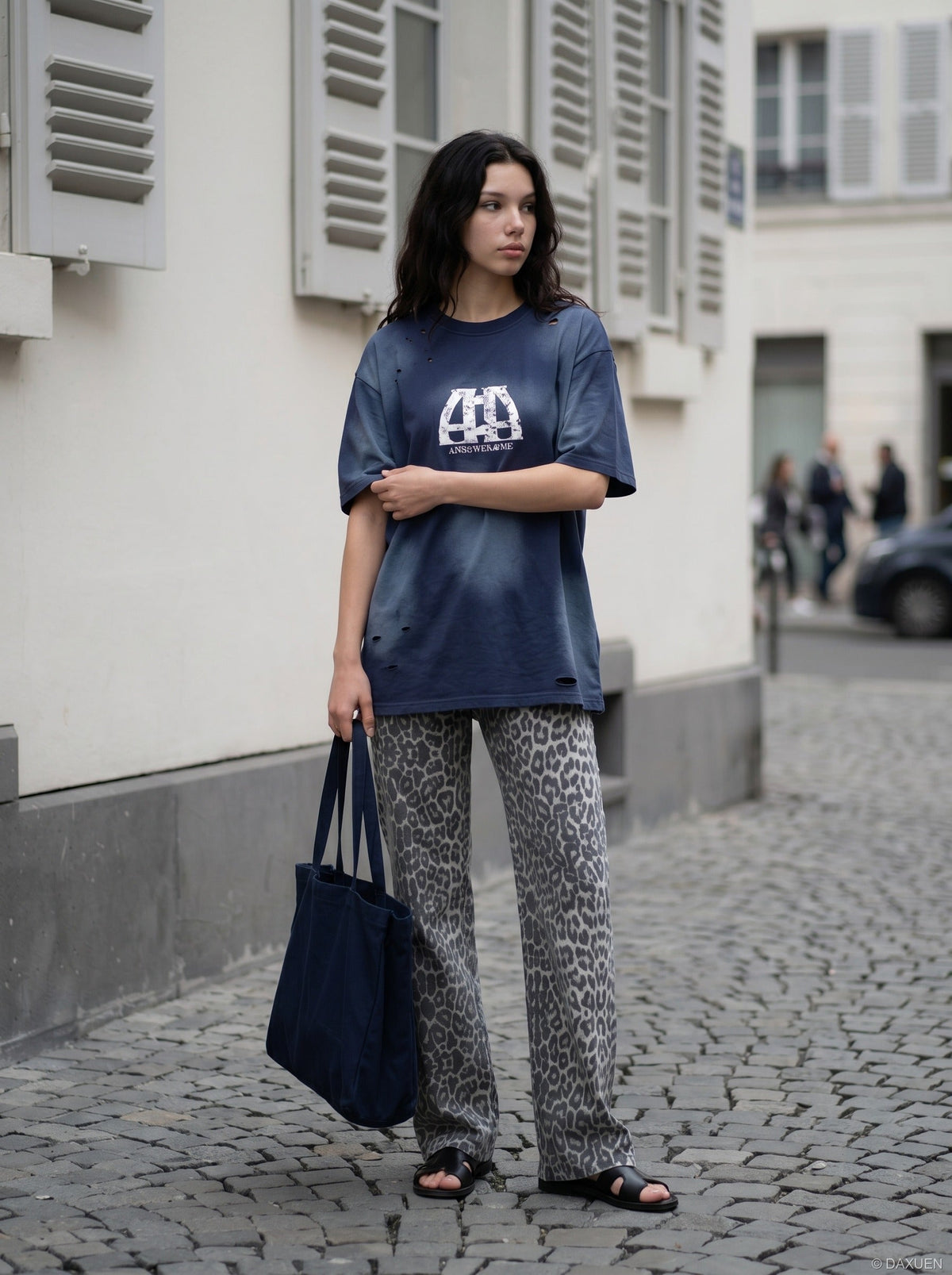 DAXUEN distressed cloud graphic oversized tee — model photo