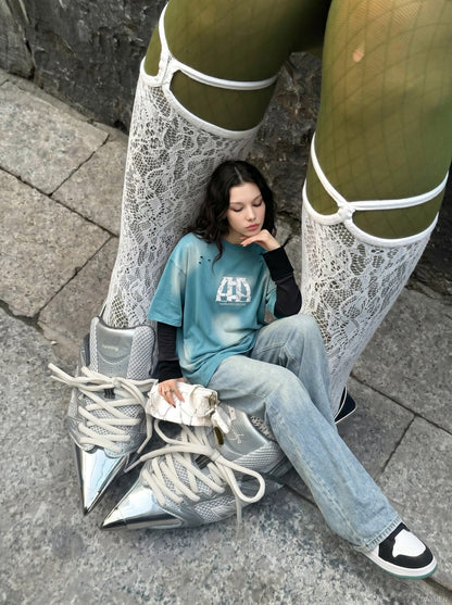 DAXUEN distressed cloud graphic oversized tee — model photo