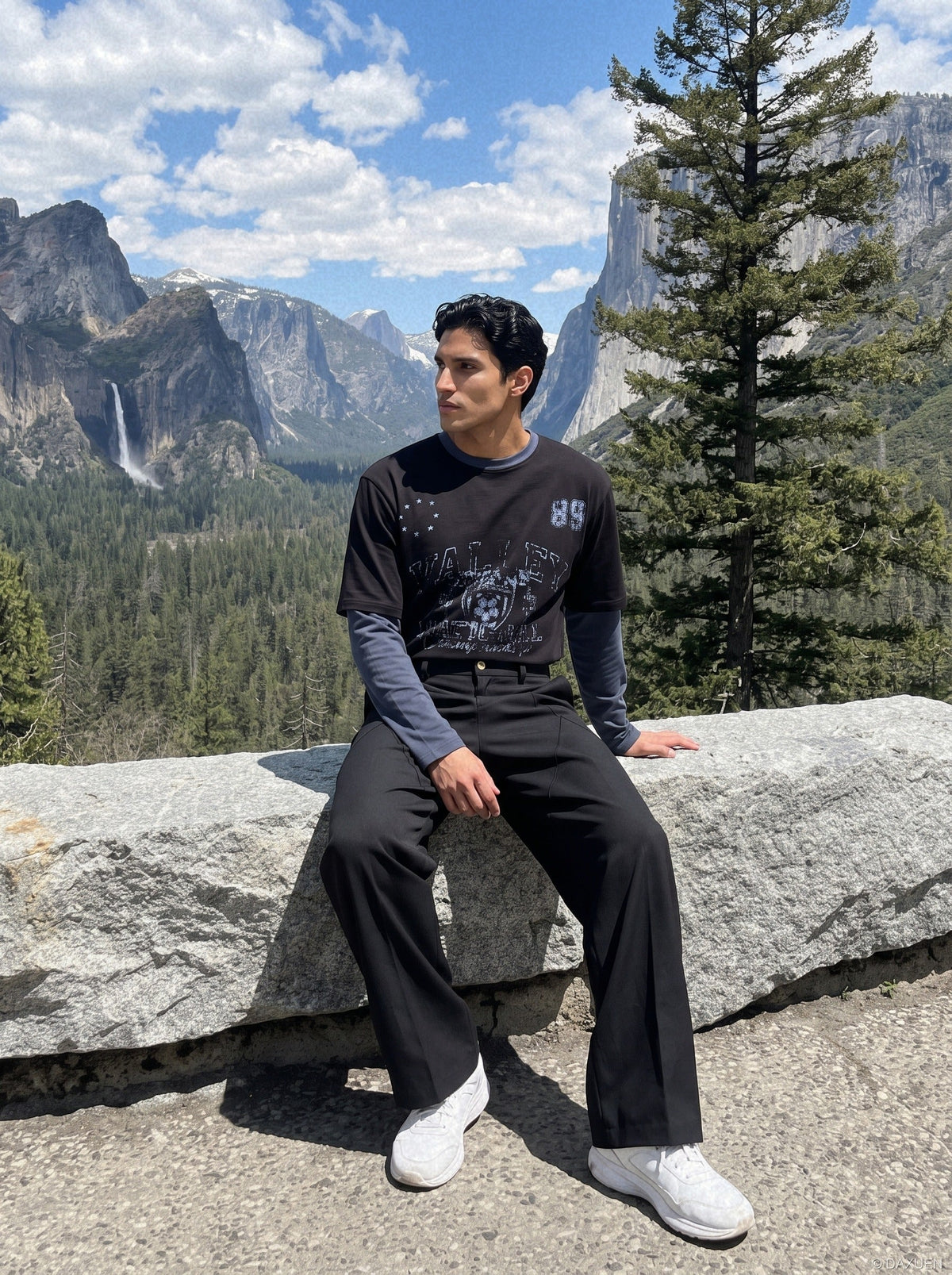 DAXUEN black distressed collegiate graphic layered t-shirt — model photo