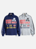 DAXUEN navy blue long-sleeve polo with distressed collegiate graphic