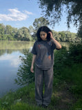 DAXUEN Distressed cross patch short-sleeved T-shirt — model photo