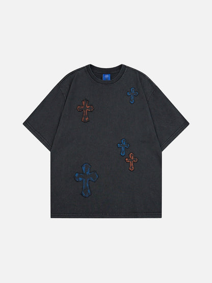 DAXUEN Distressed cross patch short-sleeved T-shirt