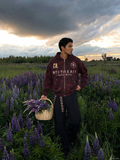 DAXUEN distressed dark burgundy hooded sweatshirt — model photo