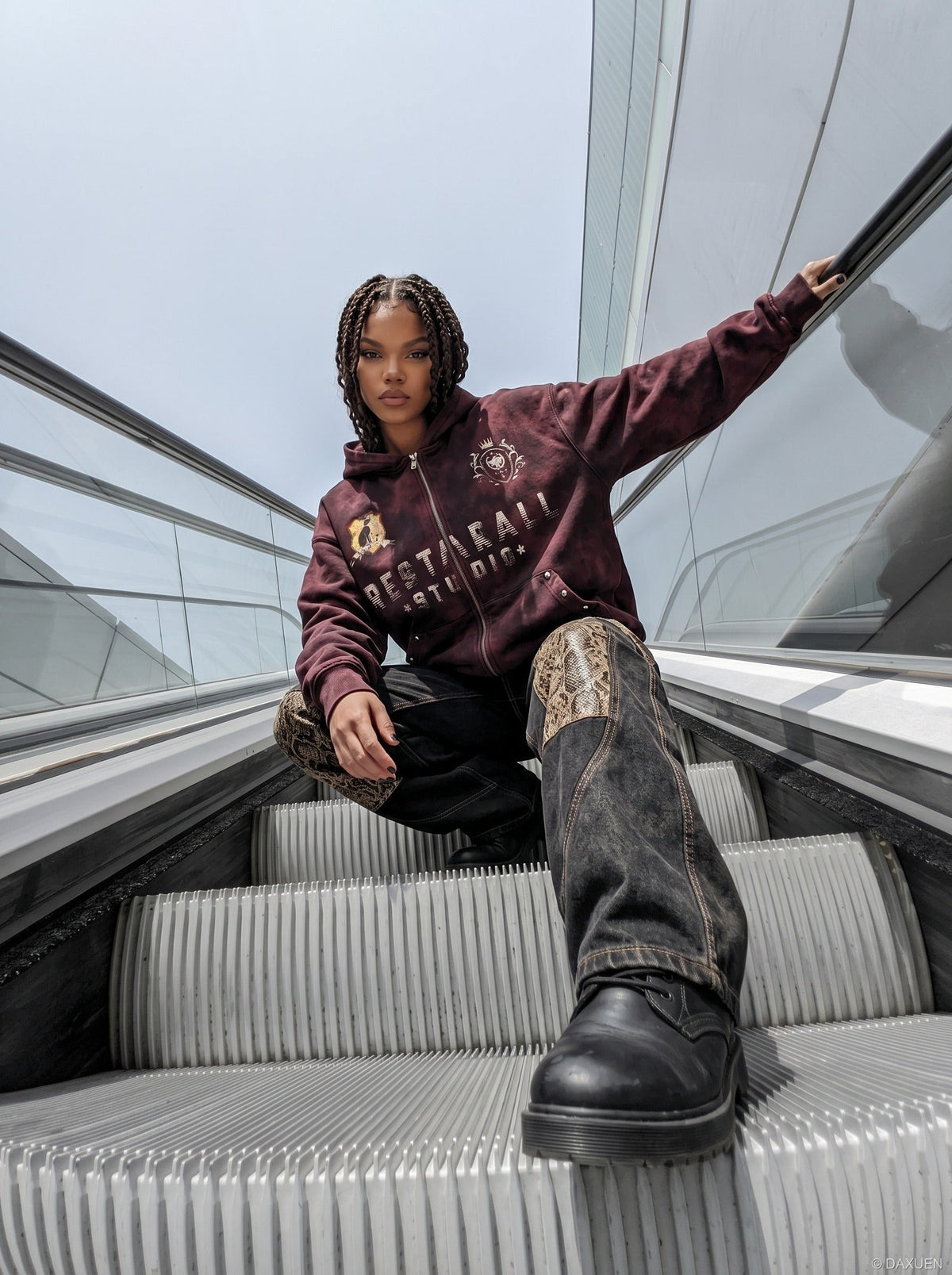 DAXUEN distressed dark burgundy hooded sweatshirt — model photo