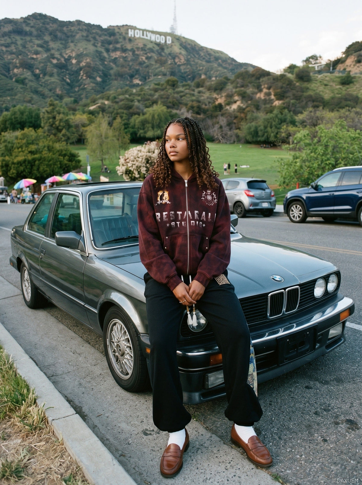 DAXUEN distressed dark burgundy hooded sweatshirt — model photo