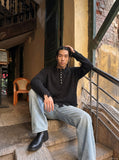 DAXUEN dark grey distressed cable knit sweater — model photo