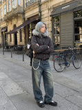 DAXUEN dark grey oversized padded jacket with faux fur hood — model photo