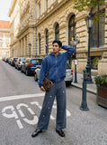 DAXUEN dark grey wide-leg pants with circular embellishments — model photo
