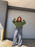DAXUEN dark grey wide-leg pants with circular embellishments — model photo