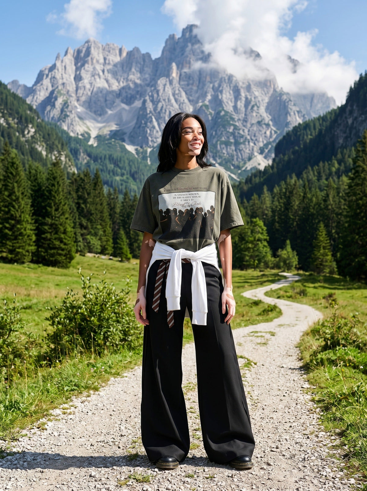 DAXUEN dark olive oversized silhouetted crowd graphic t-shirt — model photo