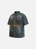 DAXUEN Distressed denim button-up shirt with embroidered details