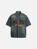 DAXUEN Distressed denim button-up shirt with embroidered details