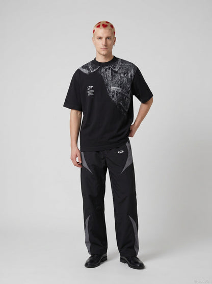 DAXUEN Distressed graphic print t-shirt with denim jacket design — model photo