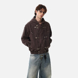 DAXUEN dark purplish-brown distressed double-breasted denim jacket