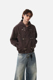 DAXUEN dark purplish-brown distressed double-breasted denim jacket