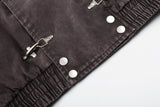 DAXUEN dark purplish-brown distressed double-breasted denim jacket