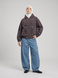 DAXUEN dark purplish-brown distressed double-breasted denim jacket — model photo
