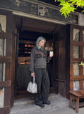 DAXUEN dark grey distressed dual-figure graphic zip hoodie — model photo