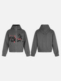 DAXUEN dark grey distressed dual-figure graphic zip hoodie