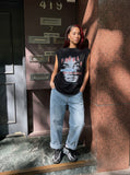 DAXUEN black oversized distressed face graphic tank — model photo