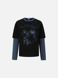 DAXUEN black distressed face graphic faux-layered long-sleeve t-shirt