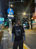 DAXUEN black distressed face graphic faux-layered long-sleeve t-shirt — model photo