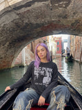 DAXUEN black distressed figures graphic long sleeve t-shirt — model photo