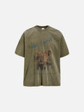 DAXUEN olive green oversized distressed five-figure graphic t-shirt