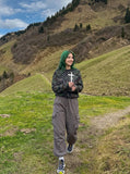 DAXUEN olive green camouflage long-sleeve top with distressed flag graphic — model photo