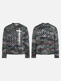 DAXUEN olive green camouflage long-sleeve top with distressed flag graphic