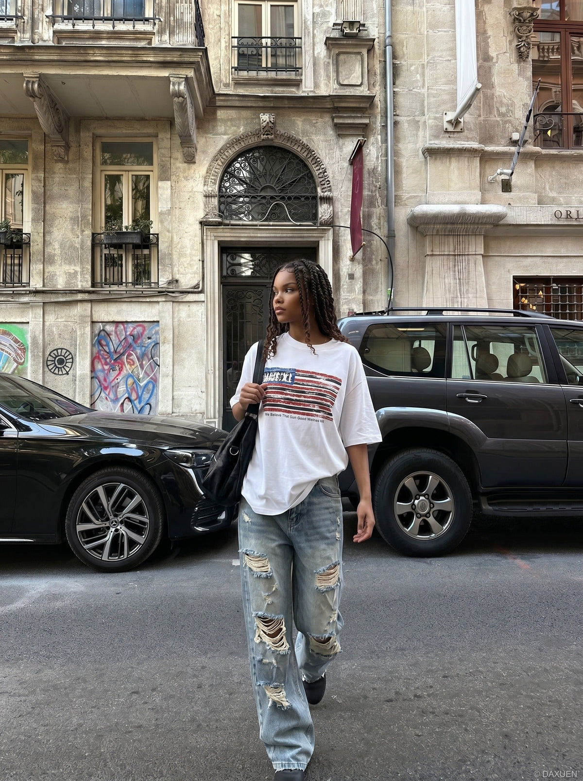 DAXUEN Distressed Flag Graphic T-Shirt | DAXUEN — model photo