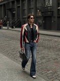 DAXUEN Distressed dark blue flared denim jeans — model photo