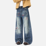 DAXUEN Men's wide-leg denim jeans with floral embroidery