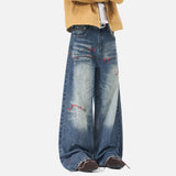 DAXUEN Men's wide-leg denim jeans with floral embroidery