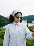 DAXUEN light blue and white vertical pinstripe distressed geometric button-up shirt — model photo